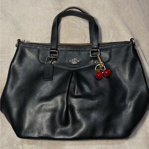 Coach black crossgrain leather pleated tote bag